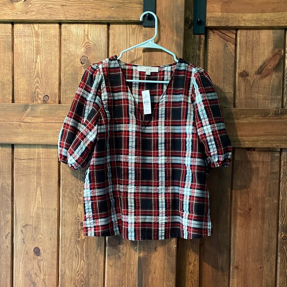 Loft Plaid Puff Sleeve Blouse - Picture 1 of 4
